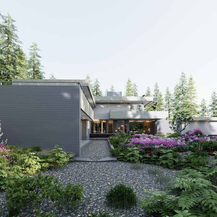 A sleek modern villa surrounded by lush greenery and forest backdrop.
